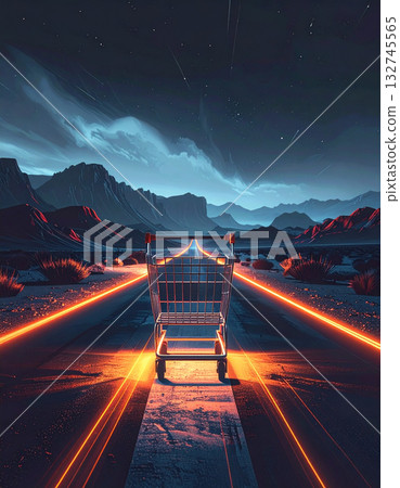A single, empty, glowing shopping cart races at impossible speed across a desolate, dark, stylized landscape. A single, empty, glowing shopping cart races at impossible speed across a desolate, dark, stylized landscape. 132745565