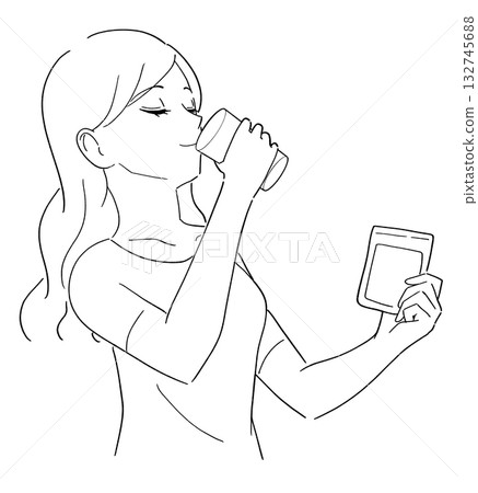Black and white illustration of a woman taking supplements Black and white illustration of a woman taking supplements 132745688