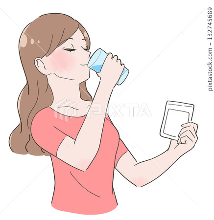 Illustration of a woman drinking supplements Illustration of a woman drinking supplements 132745689