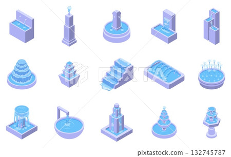 Isometric city fountain. Stone bowls with water, urban architecture elements for garden, park, squares. Decorative fountains for drink, nifty vector set 132745787