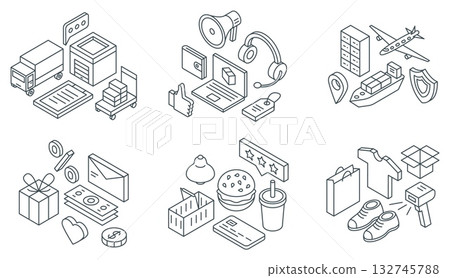 Online shopping concept. Isometric e commerce, marketing, digital stores. 3d transportation and delivery, reviews and bonus for purchase, nifty vector scenes Online shopping concept. Isometric e commerce, marketing, digital stores. 3d transportation and delivery, reviews and bonus for purchase, nifty vector scenes 132745788