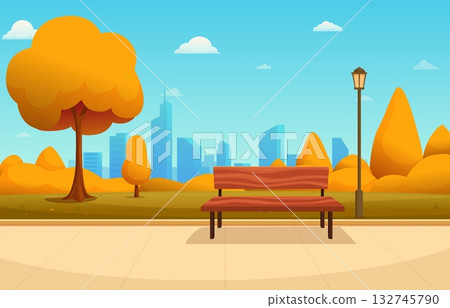 Autumn city park. Yellow seasonal garden with wooden bench. Empty public zone for rest and walk. Outdoor architecture, urban design sapid vector scene 132745790