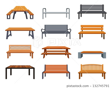 Garden benches. Bench and seat with wooden tables for outdoor picnic, public rest area elements. Sitting tools for park, backyard, sapid vector set 132745791