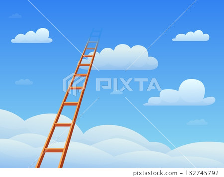 Ladder to cloud. Wooden high staircase in blue sky. The path to dream or fantasy, to be in clouds, to achieve more at work. Metaphor sapid vector background 132745792