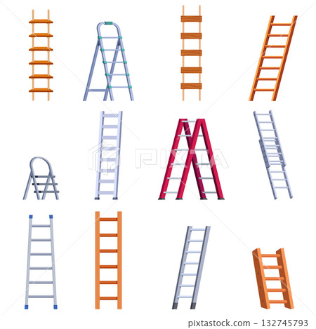 Step ladders. Cartoon ladder, wooden and metal stairways. Various staircase for apartment home renovation, household equipment sapid vector set 132745793