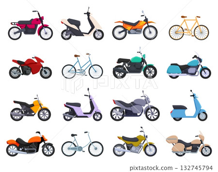 Motorbike and cycles side view. Scooter, bicycle and motorcycles icons. Transport for travel, city delivery and sport motocross, sapid vector set 132745794