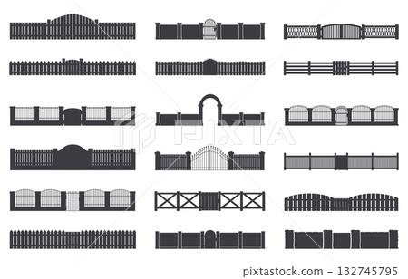Black fences. Gates, fence and entries arches isolated silhouettes. Decorative stickers templates, garden elements for cutting, sapid vector set Black fences. Gates, fence and entries arches isolated silhouettes. Decorative stickers templates, garden elements for cutting, sapid vector set 132745795