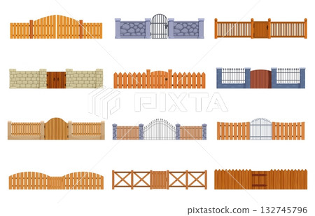 Cartoon fences. Wooden stone fence, gates and wickets for entering and exiting park, garden yard. Gateways outdoor exterior design, sapid vector set 132745796