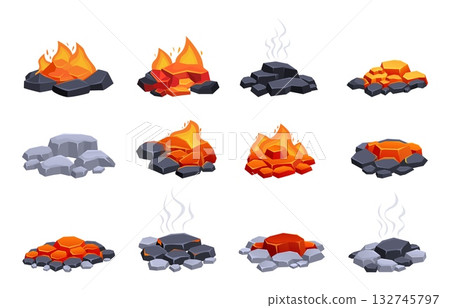 Cartoon burning charcoals. Burn and extinguished coal with smoke. Red hot stones, coals for barbeque or fireplace, campfire on nature, sapid vector set 132745797