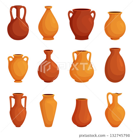 Cartoon clay vases and pots. Pottery jug, antique vase for water or flowers. Decorative garden, household or kitchen elements, sapid vector clipart 132745798