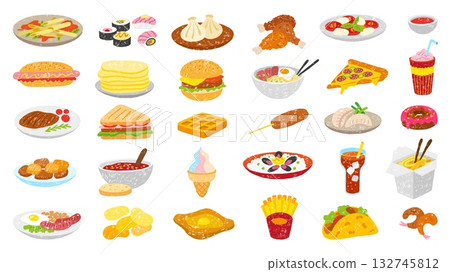 Hand drawn food. Crayon drawing meals, street home delicious eat. Chalk style icons pizza seafood rice dumplings pancakes eggs, neoteric vector set Hand drawn food. Crayon drawing meals, street home delicious eat. Chalk style icons pizza seafood rice dumplings pancakes eggs, neoteric vector set 132745812