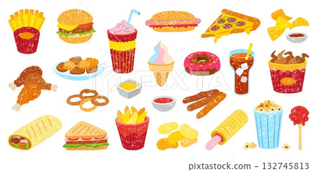 Crayon drawing fast food. Children style drawn pizza hot dog sandwich chicken fries and potatoes. Street meals and drinks, ice cream, popcorn, neoteric vector set 132745813