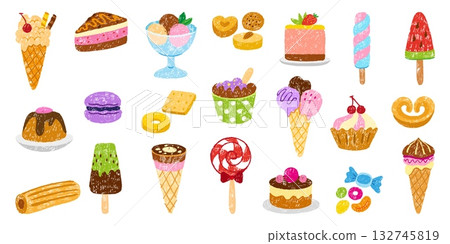Crayon drawing dessert. Chalk drawn cake, ice cream, bakery and candy. Children style sweets, cookies, candies. Cafe food neoteric vector set 132745819