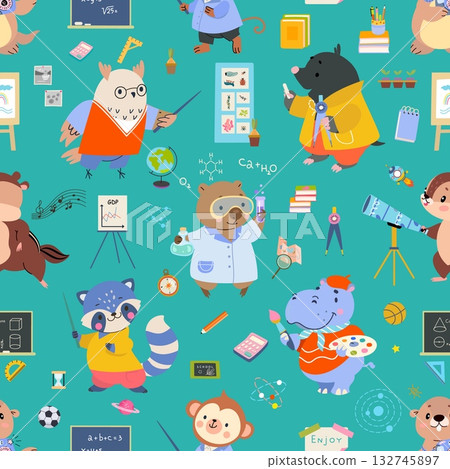 Animal teacher seamless pattern. Education elements, teachers and scientists, school or college characters. Childish print template, nowaday vector background Animal teacher seamless pattern. Education elements, teachers and scientists, school or college characters. Childish print template, nowaday vector background 132745897