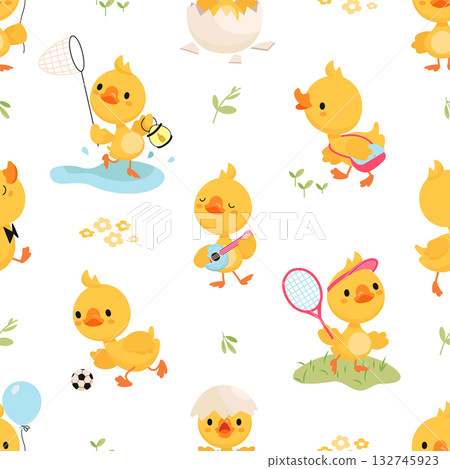 Yellow ducklings seamless pattern. Funny duckling characters, children design. Cute print with tiny cartoon ducks for fabric, wallpaper, nowaday vector background Yellow ducklings seamless pattern. Funny duckling characters, children design. Cute print with tiny cartoon ducks for fabric, wallpaper, nowaday vector background 132745923