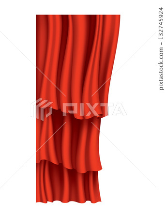Red curtains realistic. Theater fabric silk decoration for movie cinema or opera hall. Curtains and draperies interior decoration object. Isolated on transparent for theater stage Red curtains realistic. Theater fabric silk decoration for movie cinema or opera hall. Curtains and draperies interior decoration object. Isolated on transparent for theater stage 132745924