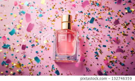 Elegant perfume bottle with golden cap surrounded by colorful confetti on a pink background 132746359