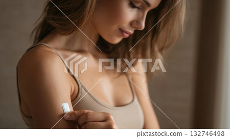 A woman in a beige top applies a small white sensor patch to her upper arm, symbolizing modern health monitoring A woman in a beige top applies a small white sensor patch to her upper arm, symbolizing modern health monitoring 132746498