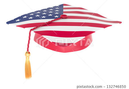 Graduation cap with the United States flag. Education in the USA, concept. 3D rendering 132746850