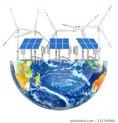 Renewable energy on Earth, solar panels and wind turbines. 3D rendering 132746860
