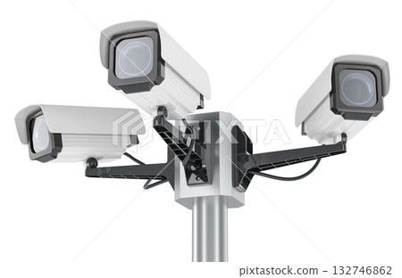 Security surveillance cameras mounted on a metal pole, facing different directions. 3D rendering 132746862