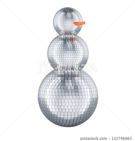Snowman made of disco balls with carrot nose, 3D rendering Snowman made of disco balls with carrot nose, 3D rendering 132746863