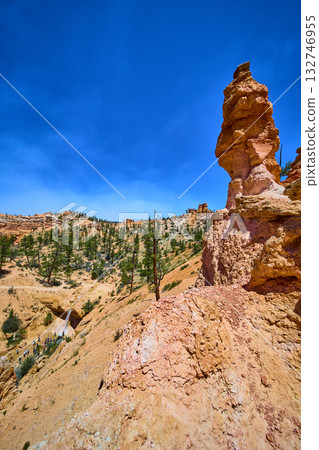 Hoodoo Rock Formation and Waterfall on Mossy Cave Trail with Pine Trees Under Blue Sky 132746955