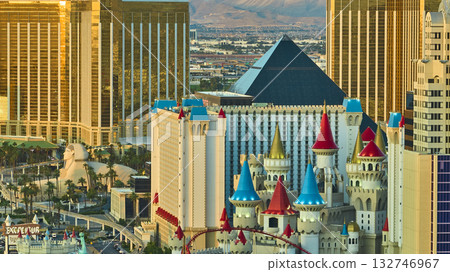 Aerial Las Vegas Strip Excalibur Luxor and Mandalay Bay Golden Hour Aerial Las Vegas Strip Excalibur Luxor and Mandalay Bay Golden Hour 132746967