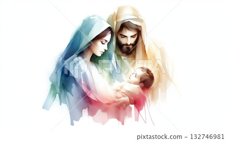 Holy Family in watercolor illustration represented in a minimalist conceptual art 132746981