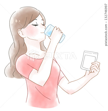 水彩插畫，描繪了一位女性正在服用營養補充劑。 132746997