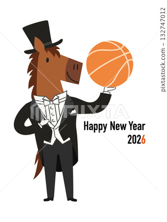 2026年馬年新年賀卡插圖,描繪了一匹穿著燕尾服、手拿籃球的可愛小馬。 2026年馬年新年賀卡插圖,描繪了一匹穿著燕尾服、手拿籃球的可愛小馬。 132747012