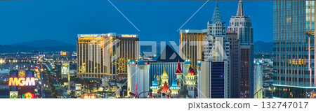 Aerial Las Vegas Strip Panorama with Iconic Resorts and City Lights at Golden Hour Aerial Las Vegas Strip Panorama with Iconic Resorts and City Lights at Golden Hour 132747017