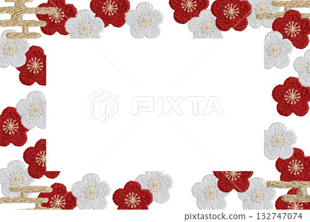 [Plum blossom square frame] Hand-embroidered illustration material 132747074