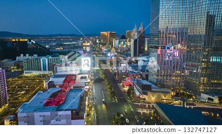Aerial Las Vegas Strip Neon Skyline and Hotels at Golden Hour 132747127