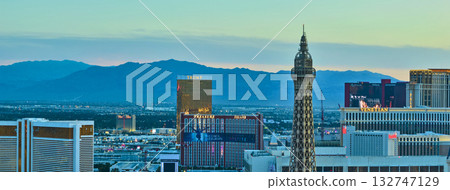 Aerial Las Vegas Strip Panorama with Eiffel Tower and Iconic Hotels at Golden Hour Aerial Las Vegas Strip Panorama with Eiffel Tower and Iconic Hotels at Golden Hour 132747129
