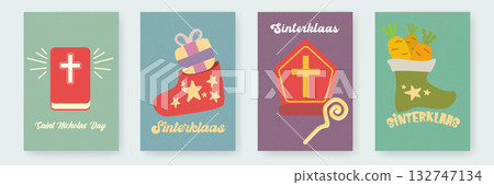 Sinterklaas Saint Nicholas Day COSY Poster Vector Set, Traditional Dutch Holiday Celebration Cards, Boots with Carrots, Gift in Red Boot, Mitre, Holy Book, Childrens Winter Festival Graphics Sinterklaas Saint Nicholas Day COSY Poster Vector Set, Traditional Dutch Holiday Celebration Cards, Boots with Carrots, Gift in Red Boot, Mitre, Holy Book, Childrens Winter Festival Graphics 132747134