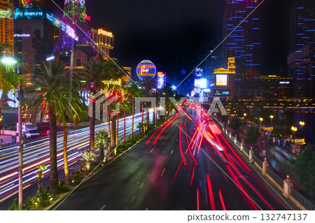 Las Vegas Strip Night Traffic Light Trails and Neon Palm Trees in Nevada 132747137