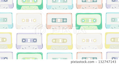 Audio cassette tapes seamless pattern, cartoon cute flat design 132747143