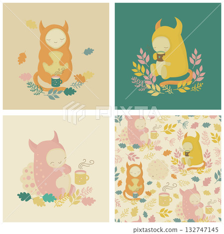 Seamless pattern, illustrations with cute cartoon monsters, mugs of tea, cookies Seamless pattern, illustrations with cute cartoon monsters, mugs of tea, cookies 132747145