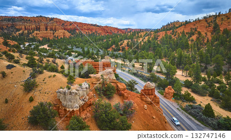 Aerial Red Canyon Hoodoo Formations Scenic Road Pine Forest Utah Aerial Red Canyon Hoodoo Formations Scenic Road Pine Forest Utah 132747146