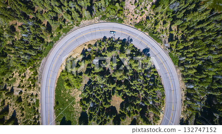 Aerial Horseshoe Bend Road in Dixie National Forest Utah Winding Through Evergreen Trees 132747152