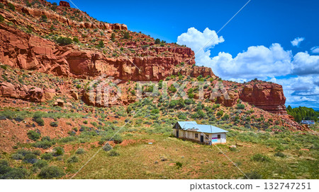 Aerial Desert Cliffs and Abandoned House in Kanab Utah 132747251