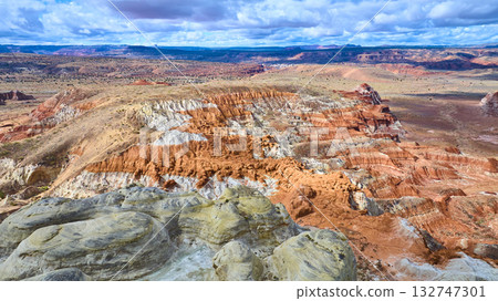 Aerial Colorful Layered Rock Formations and Banded Hills Kanab Utah Desert Aerial Colorful Layered Rock Formations and Banded Hills Kanab Utah Desert 132747301