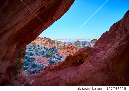 Red Rock Arch Formation and Desert Landscape in Gold Butte National Monument Red Rock Arch Formation and Desert Landscape in Gold Butte National Monument 132747326