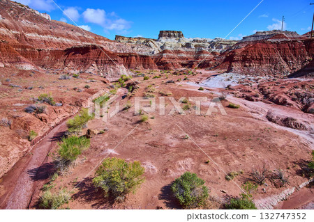 Layered Red and White Rock Formations with Arid Wash and Desert Vegetation Utah Layered Red and White Rock Formations with Arid Wash and Desert Vegetation Utah 132747352