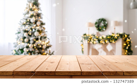 Christmas background with a wooden table for presenting Christmas products. Concept mockup 132747389
