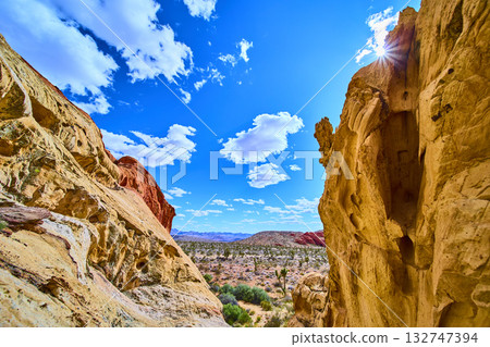 Sandstone Cliffs and Desert Landscape under Blue Sky in Gold Butte National Monument Sandstone Cliffs and Desert Landscape under Blue Sky in Gold Butte National Monument 132747394