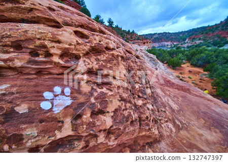 Red Sandstone Rock with White Paw Print Marking in Desert Canyon Trail 132747397