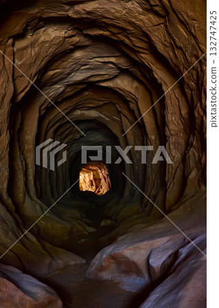 Rugged Red Rock Tunnel Cave Interior with Sunlit Exit and Natural Striations 132747425
