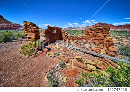 Abandoned Stone Ruins in Desert Landscape near Paria Utah Under Blue Sky 132747436